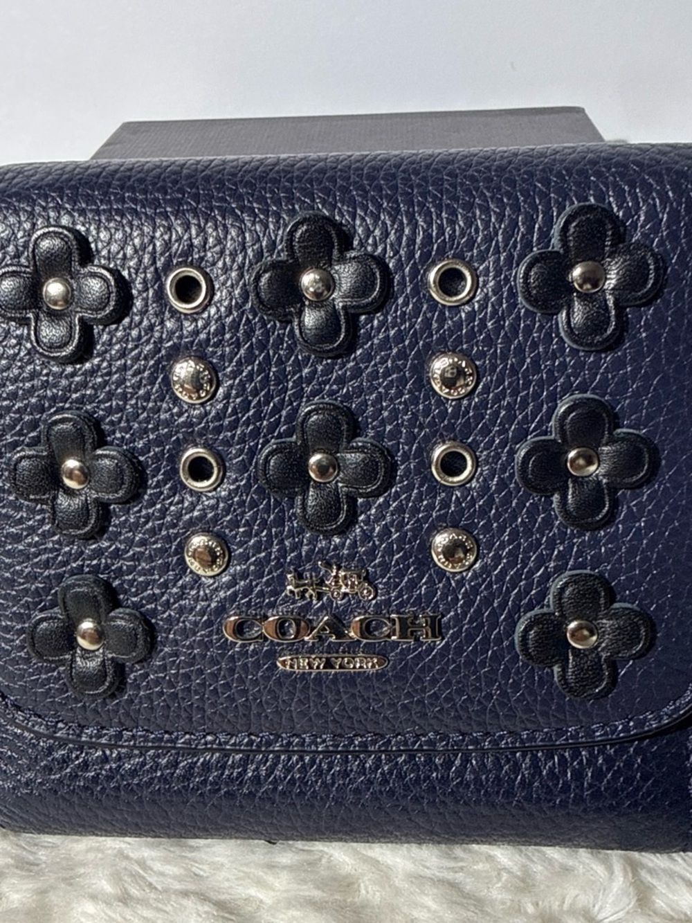 Coach Navy Leather Floral Studded Wallet